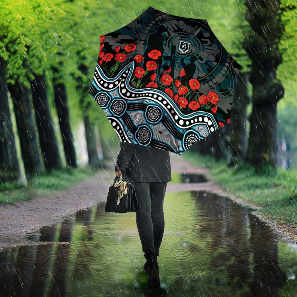 Port Adelaide Power ANZAC Day Umbrella Indigenous Dot Art with Poppy Flower Tribute