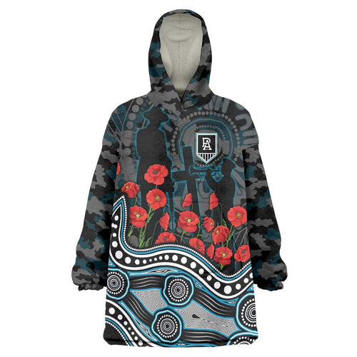 Port Adelaide Power ANZAC Day Wearable Blanket Hoodie Indigenous Dot Art with Poppy Flower Tribute