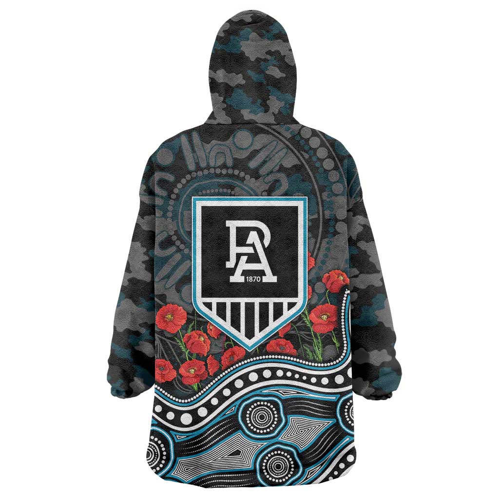 Port Adelaide Power ANZAC Day Wearable Blanket Hoodie Indigenous Dot Art with Poppy Flower Tribute