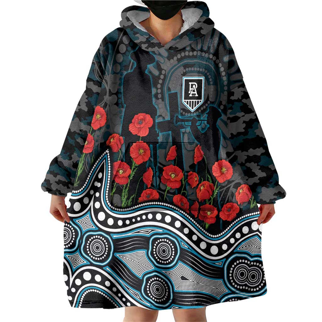 Port Adelaide Power ANZAC Day Wearable Blanket Hoodie Indigenous Dot Art with Poppy Flower Tribute