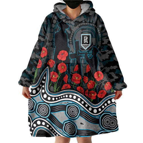 Port Adelaide Power ANZAC Day Wearable Blanket Hoodie Indigenous Dot Art with Poppy Flower Tribute
