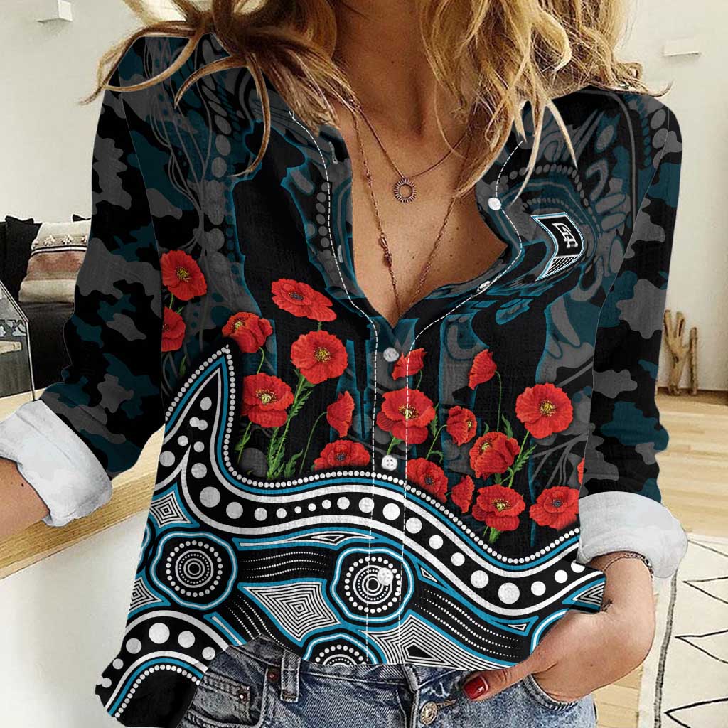 Port Adelaide Power ANZAC Day Women Casual Shirt Indigenous Dot Art with Poppy Flower Tribute