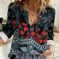 Port Adelaide Power ANZAC Day Women Casual Shirt Indigenous Dot Art with Poppy Flower Tribute