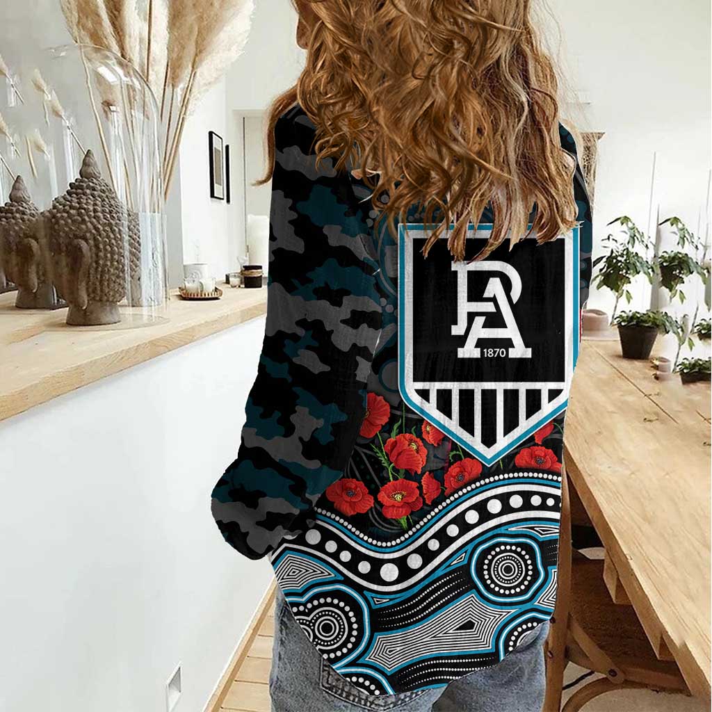 Port Adelaide Power ANZAC Day Women Casual Shirt Indigenous Dot Art with Poppy Flower Tribute