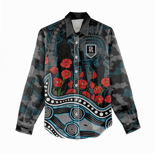 Port Adelaide Power ANZAC Day Women Casual Shirt Indigenous Dot Art with Poppy Flower Tribute