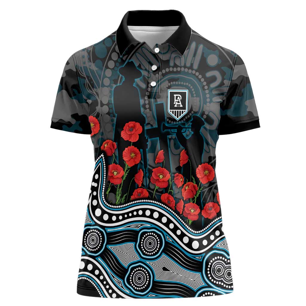 Port Adelaide Power ANZAC Day Women Polo Shirt Indigenous Dot Art with Poppy Flower Tribute