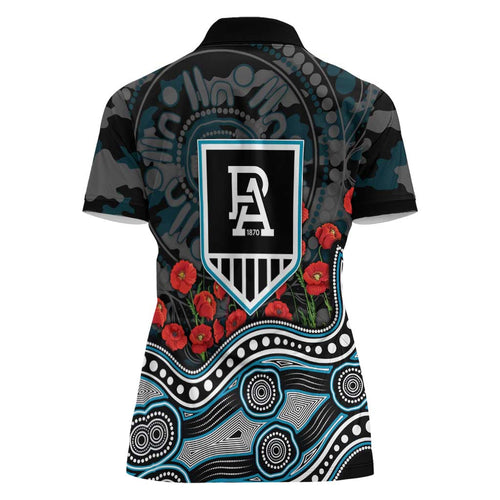 Port Adelaide Power ANZAC Day Women Polo Shirt Indigenous Dot Art with Poppy Flower Tribute