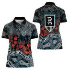Port Adelaide Power ANZAC Day Women Polo Shirt Indigenous Dot Art with Poppy Flower Tribute