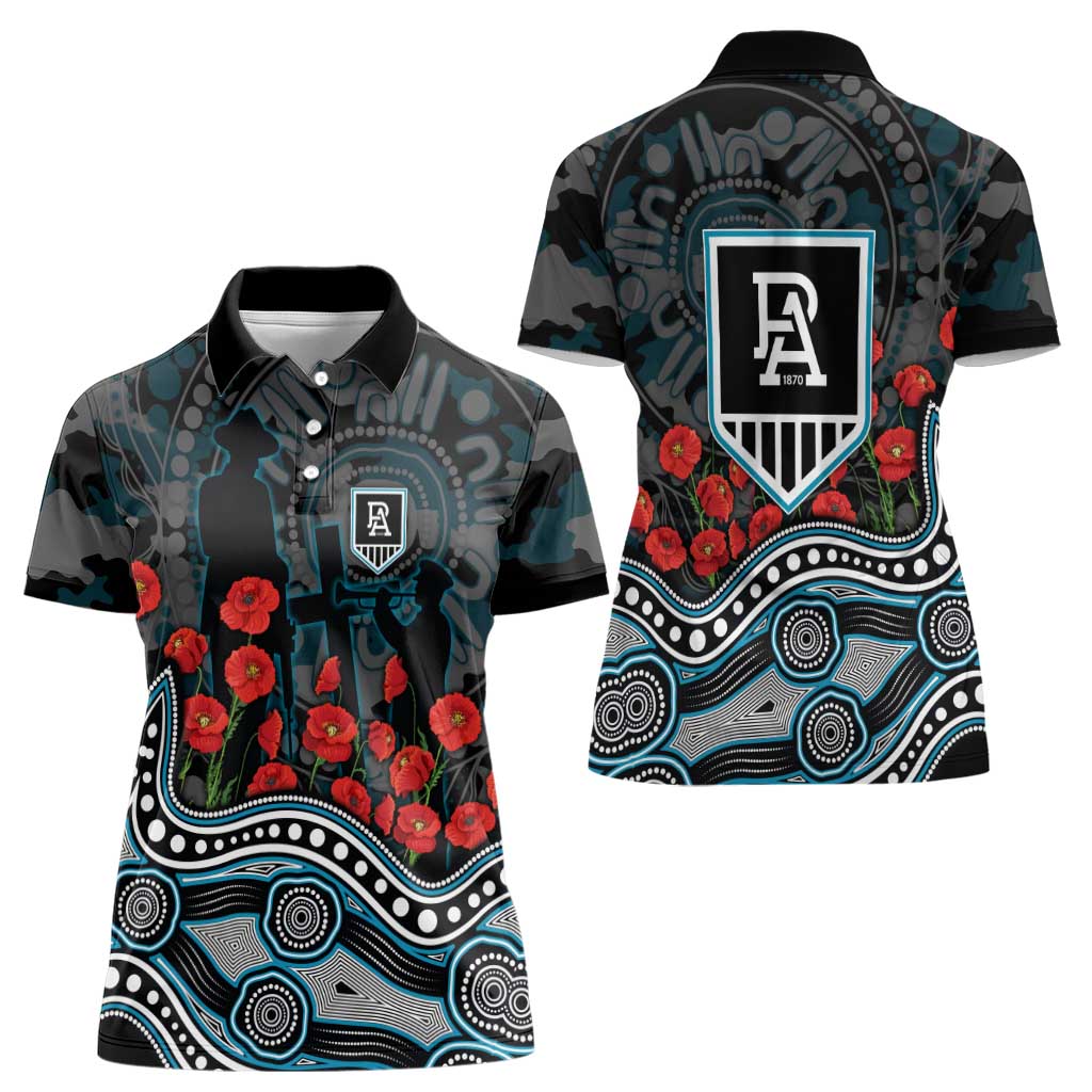 Port Adelaide Power ANZAC Day Women Polo Shirt Indigenous Dot Art with Poppy Flower Tribute