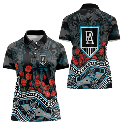 Port Adelaide Power ANZAC Day Women Polo Shirt Indigenous Dot Art with Poppy Flower Tribute
