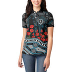 Port Adelaide Power ANZAC Day Women Polo Shirt Indigenous Dot Art with Poppy Flower Tribute