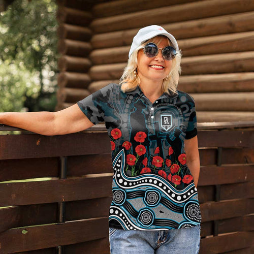 Port Adelaide Power ANZAC Day Women Polo Shirt Indigenous Dot Art with Poppy Flower Tribute