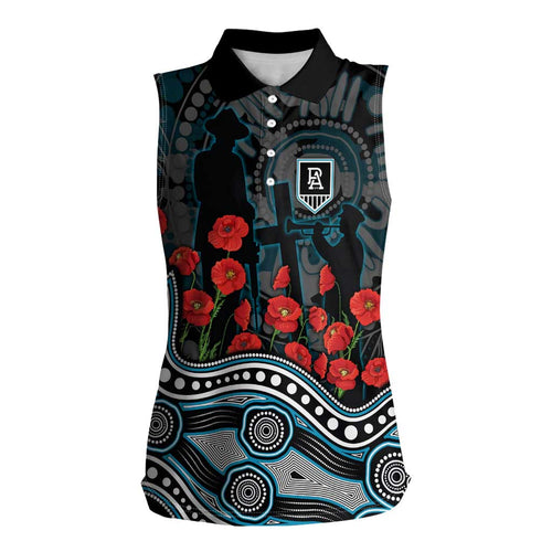 Port Adelaide Power ANZAC Day Women Sleeveless Polo Shirt Indigenous Dot Art with Poppy Flower Tribute