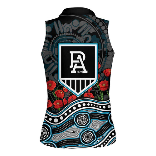 Port Adelaide Power ANZAC Day Women Sleeveless Polo Shirt Indigenous Dot Art with Poppy Flower Tribute