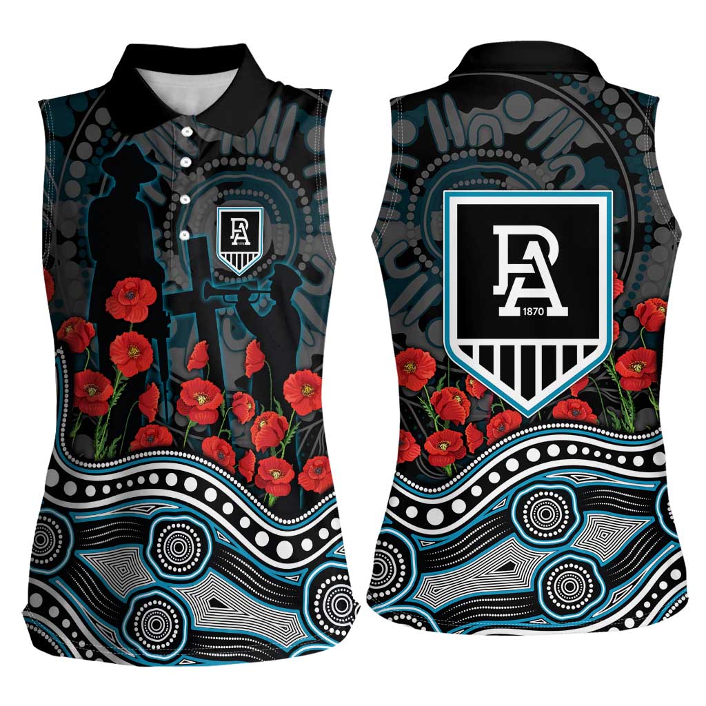 Port Adelaide Power ANZAC Day Women Sleeveless Polo Shirt Indigenous Dot Art with Poppy Flower Tribute
