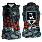 Port Adelaide Power ANZAC Day Women Sleeveless Polo Shirt Indigenous Dot Art with Poppy Flower Tribute