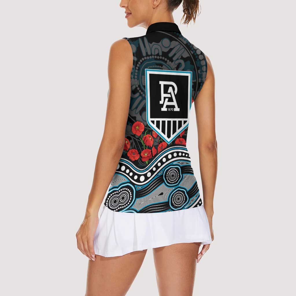 Port Adelaide Power ANZAC Day Women Sleeveless Polo Shirt Indigenous Dot Art with Poppy Flower Tribute
