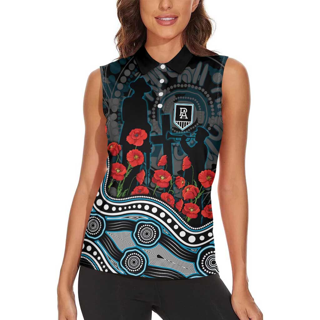 Port Adelaide Power ANZAC Day Women Sleeveless Polo Shirt Indigenous Dot Art with Poppy Flower Tribute
