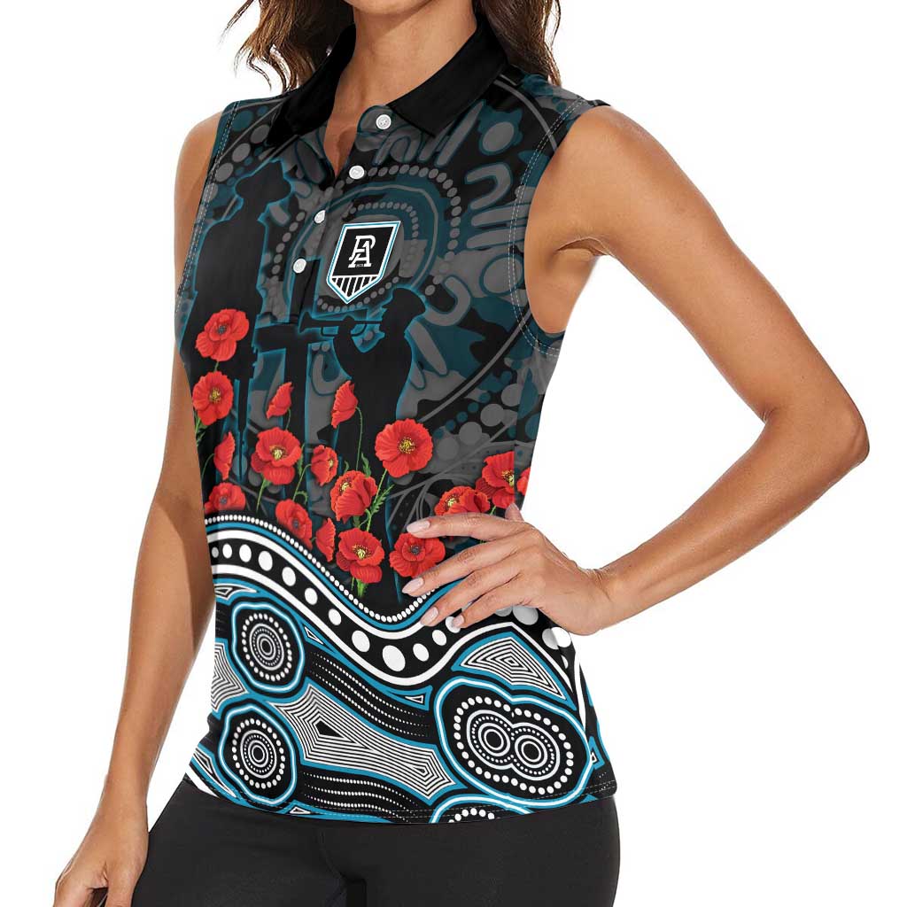Port Adelaide Power ANZAC Day Women Sleeveless Polo Shirt Indigenous Dot Art with Poppy Flower Tribute