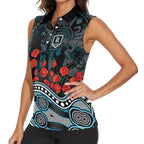 Port Adelaide Power ANZAC Day Women Sleeveless Polo Shirt Indigenous Dot Art with Poppy Flower Tribute