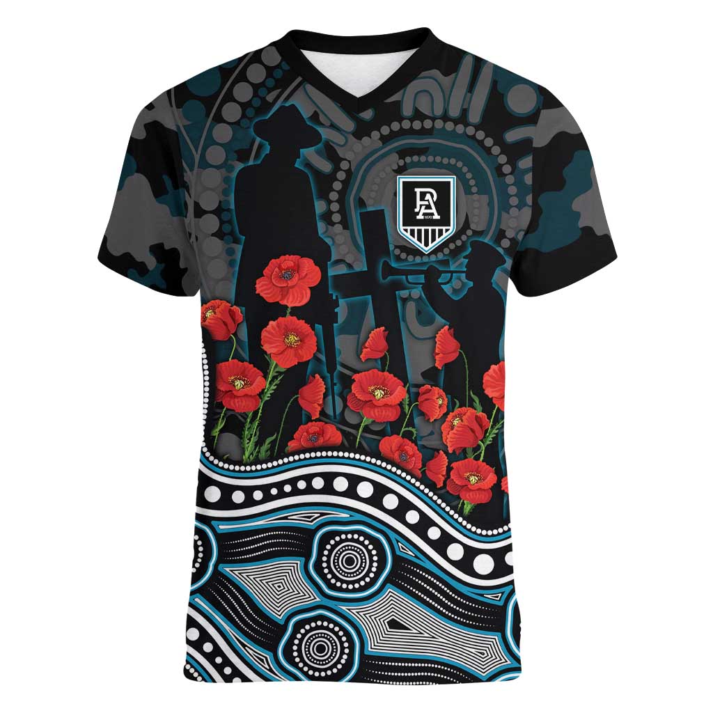 Port Adelaide Power ANZAC Day Women V-Neck T-Shirt Indigenous Dot Art with Poppy Flower Tribute