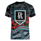 Port Adelaide Power ANZAC Day Women V-Neck T-Shirt Indigenous Dot Art with Poppy Flower Tribute
