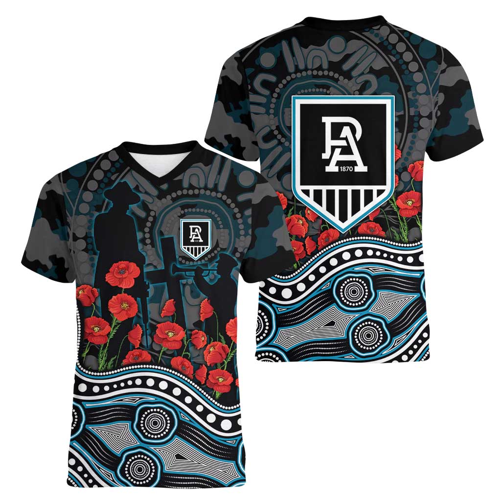 Port Adelaide Power ANZAC Day Women V-Neck T-Shirt Indigenous Dot Art with Poppy Flower Tribute