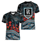 Port Adelaide Power ANZAC Day Women V-Neck T-Shirt Indigenous Dot Art with Poppy Flower Tribute
