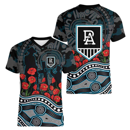 Port Adelaide Power ANZAC Day Women V-Neck T-Shirt Indigenous Dot Art with Poppy Flower Tribute