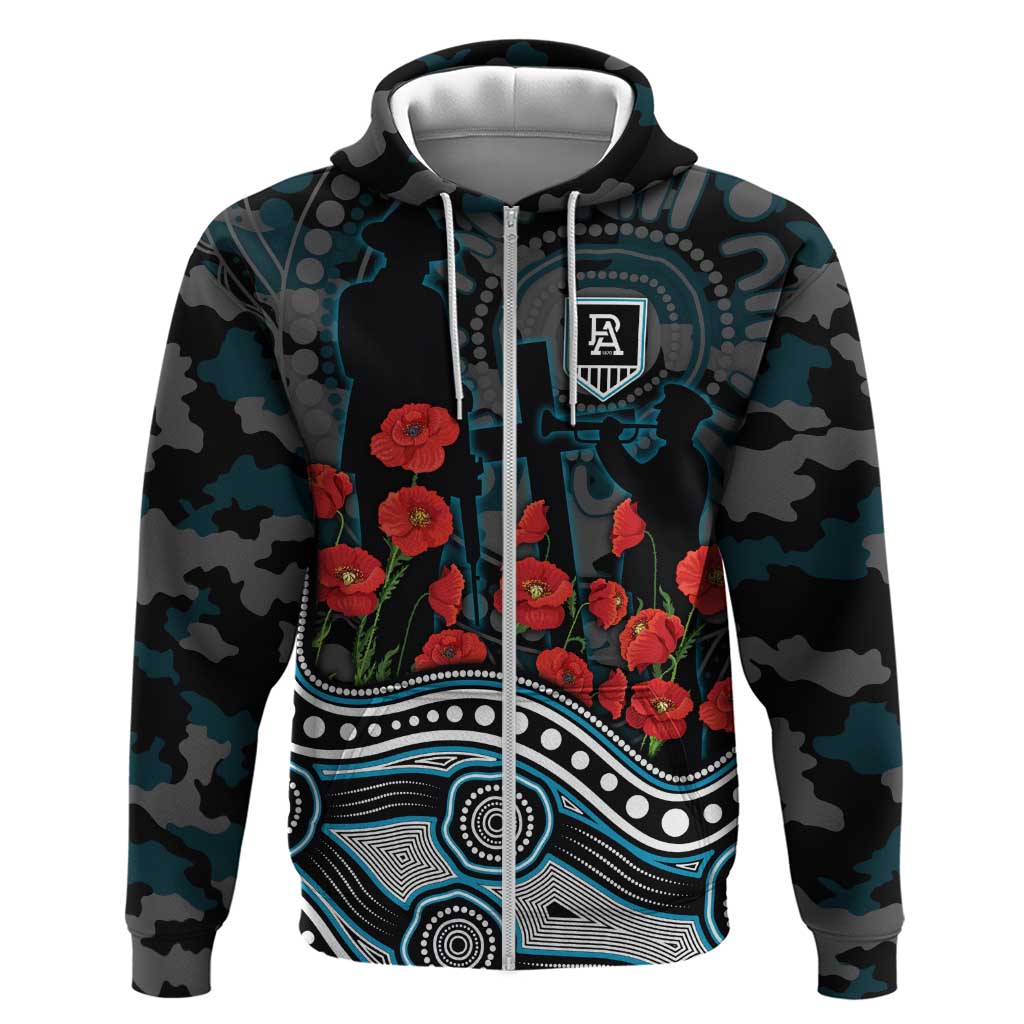 Port Adelaide Power ANZAC Day Zip Hoodie Indigenous Dot Art with Poppy Flower Tribute