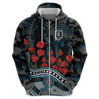 Port Adelaide Power ANZAC Day Zip Hoodie Indigenous Dot Art with Poppy Flower Tribute