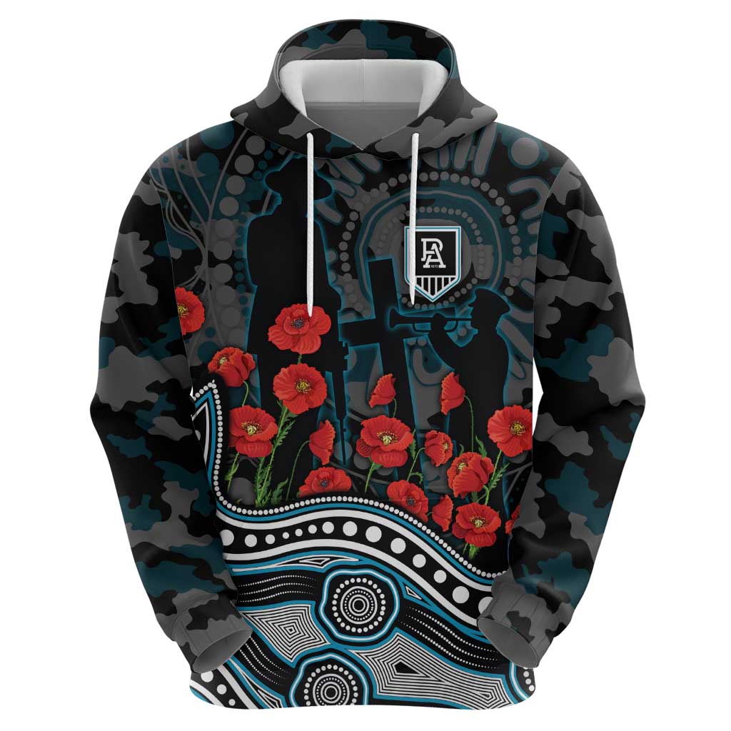 Port Adelaide Power ANZAC Day Zip Hoodie Indigenous Dot Art with Poppy Flower Tribute