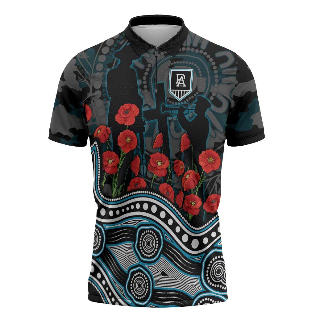 Port Adelaide Power ANZAC Day Zipper Polo Shirt Indigenous Dot Art with Poppy Flower Tribute