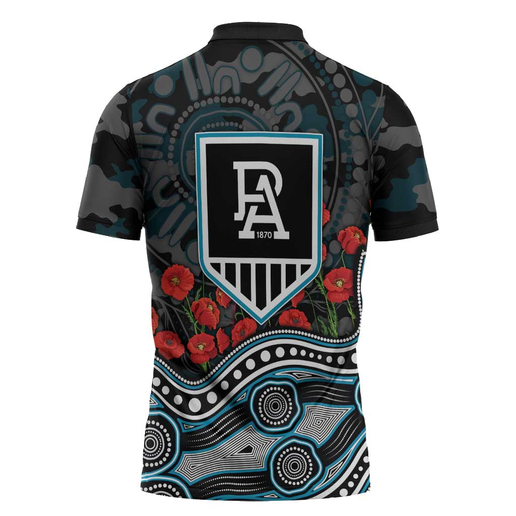 Port Adelaide Power ANZAC Day Zipper Polo Shirt Indigenous Dot Art with Poppy Flower Tribute