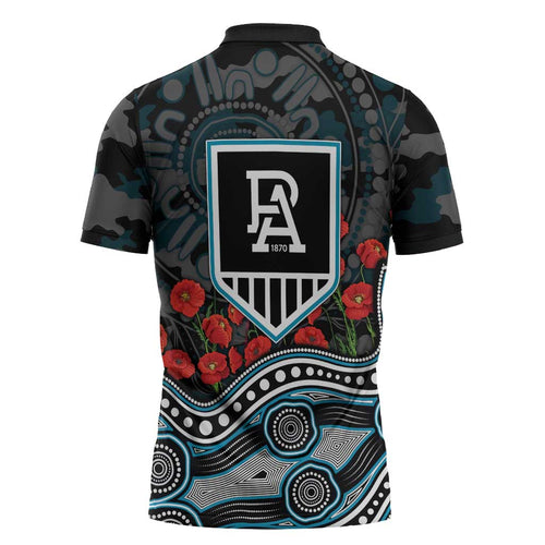 Port Adelaide Power ANZAC Day Zipper Polo Shirt Indigenous Dot Art with Poppy Flower Tribute
