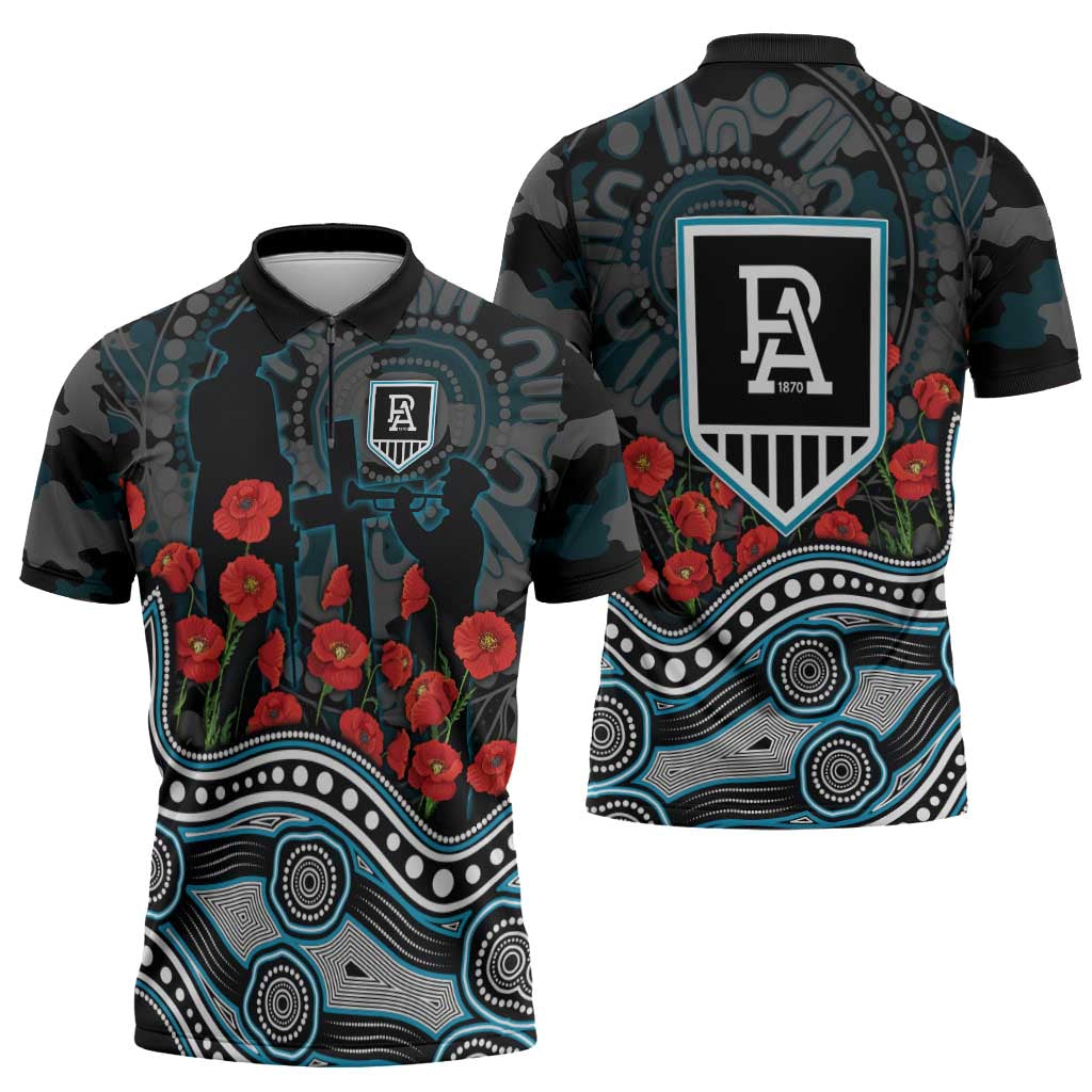 Port Adelaide Power ANZAC Day Zipper Polo Shirt Indigenous Dot Art with Poppy Flower Tribute