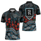 Port Adelaide Power ANZAC Day Zipper Polo Shirt Indigenous Dot Art with Poppy Flower Tribute