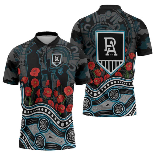 Port Adelaide Power ANZAC Day Zipper Polo Shirt Indigenous Dot Art with Poppy Flower Tribute