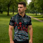 Port Adelaide Power ANZAC Day Zipper Polo Shirt Indigenous Dot Art with Poppy Flower Tribute