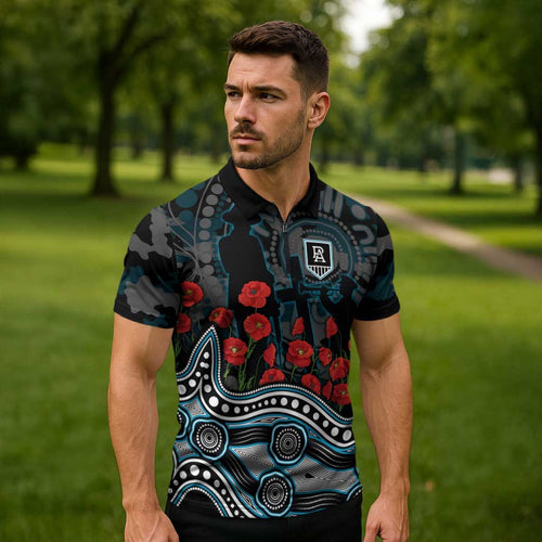 Port Adelaide Power ANZAC Day Zipper Polo Shirt Indigenous Dot Art with Poppy Flower Tribute