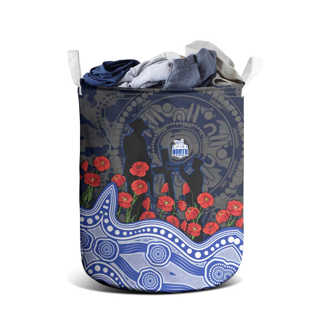 North Melbourne Kangaroos ANZAC Day Laundry Basket Indigenous Dot Art with Poppy Flower Tribute
