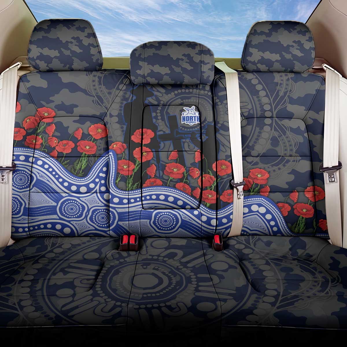 North Melbourne Kangaroos ANZAC Day Back Car Seat Cover Indigenous Dot Art with Poppy Flower Tribute