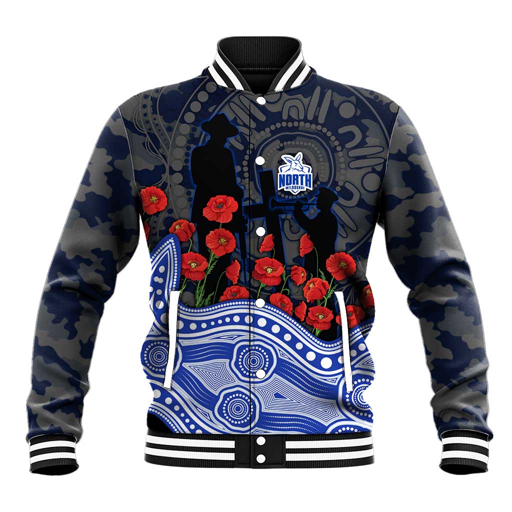 North Melbourne Kangaroos ANZAC Day Baseball Jacket Indigenous Dot Art with Poppy Flower Tribute