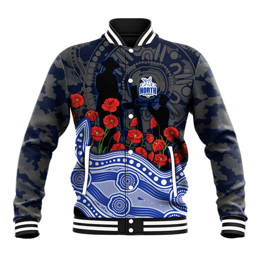 North Melbourne Kangaroos ANZAC Day Baseball Jacket Indigenous Dot Art with Poppy Flower Tribute