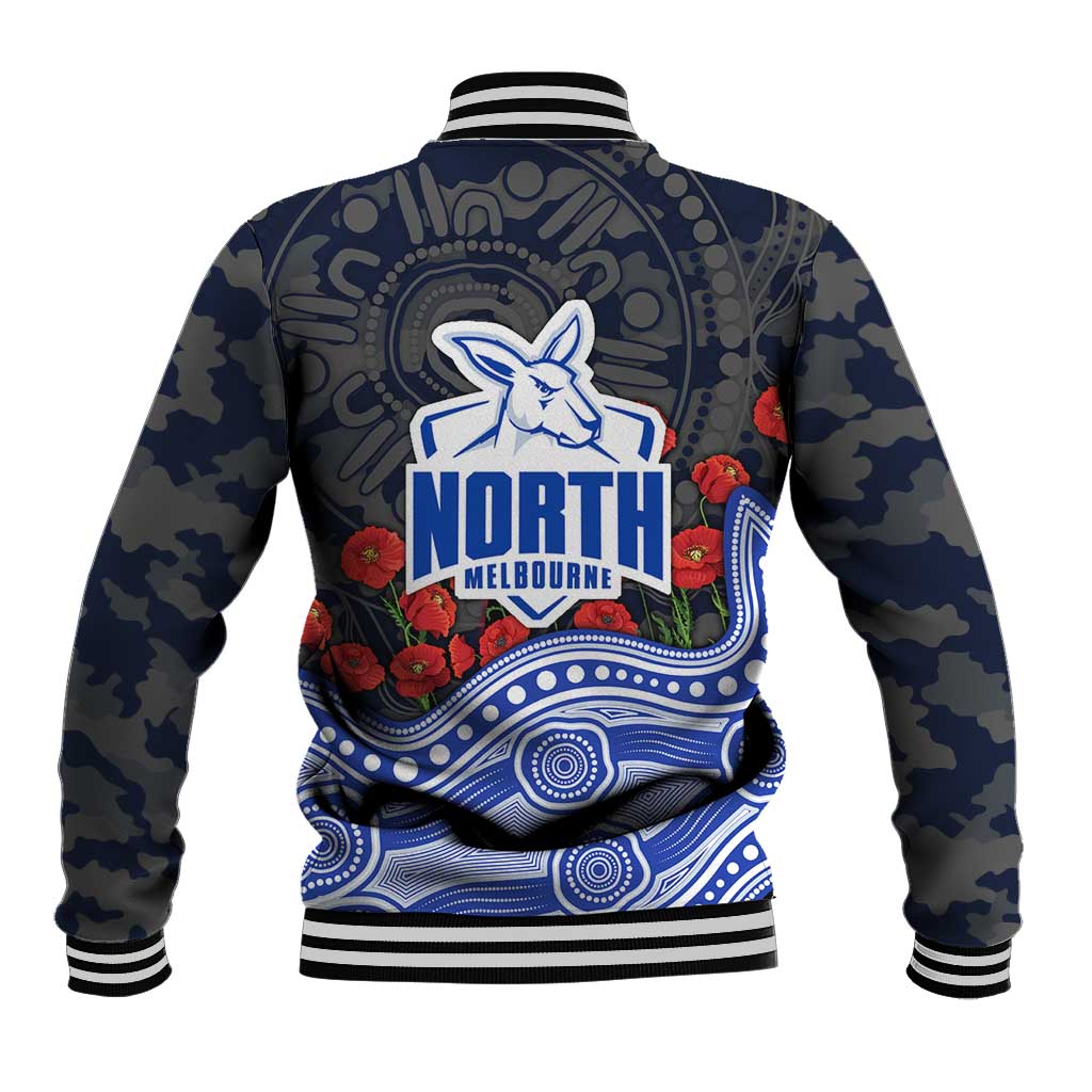 North Melbourne Kangaroos ANZAC Day Baseball Jacket Indigenous Dot Art with Poppy Flower Tribute