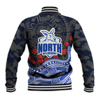 North Melbourne Kangaroos ANZAC Day Baseball Jacket Indigenous Dot Art with Poppy Flower Tribute