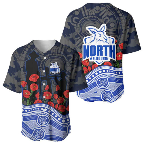 North Melbourne Kangaroos ANZAC Day Baseball Jersey Indigenous Dot Art with Poppy Flower Tribute