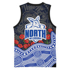 North Melbourne Kangaroos ANZAC Day Basketball Jersey Indigenous Dot Art with Poppy Flower Tribute
