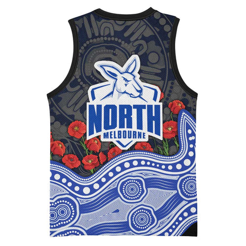 North Melbourne Kangaroos ANZAC Day Basketball Jersey Indigenous Dot Art with Poppy Flower Tribute