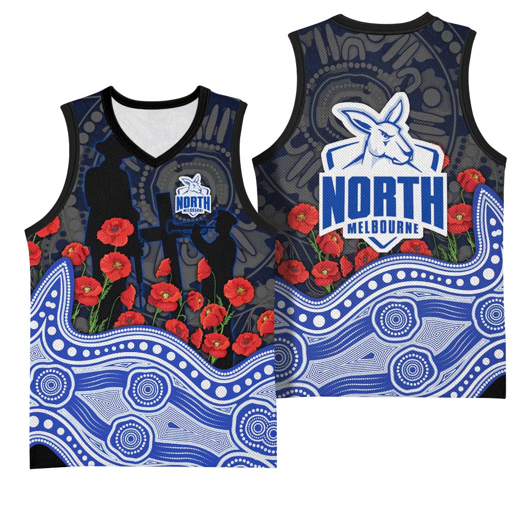 North Melbourne Kangaroos ANZAC Day Basketball Jersey Indigenous Dot Art with Poppy Flower Tribute